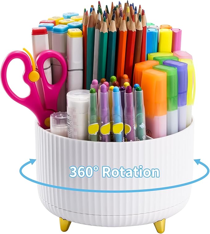 Marbrasse Desk Organizer, 360-Degree Rotating Pen Holder, Desk Organizers and Accessories with 5 Compartments Pencil Holder, Art Supply Storage Box Caddy for Office, Home（White）
