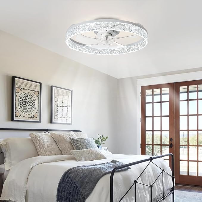 Depuley Ceiling Fans with Lights and Remote: 20" Modern Low Profile Flush Mount LED Ceiling Fan for Bedroom App Control - White Crystal Bladeless Fandelier for Living Room Kitchen Dimmable DC Motor