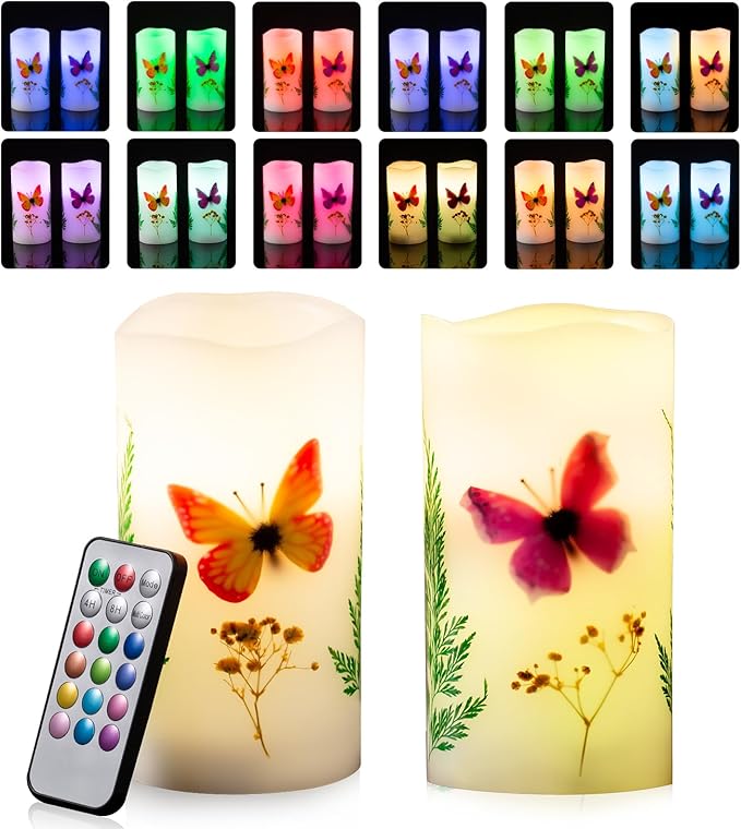 Flameless Candle with Remote Control, Battery Operated LED Candle Color Changing Electric Candles, with Flickering Timer Dimmer Feature, Christmas Home Decorations, 3 x 6 inches, Set of 2