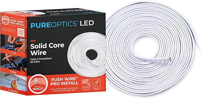 Black+Decker PureOptics Professional Push Wire 100' Jumper Wire Spool for Under Cabinet Lighting, Flat 5/6" or 8mm Cable, 4-Core CL2 Compliant, Non-Metallic, White