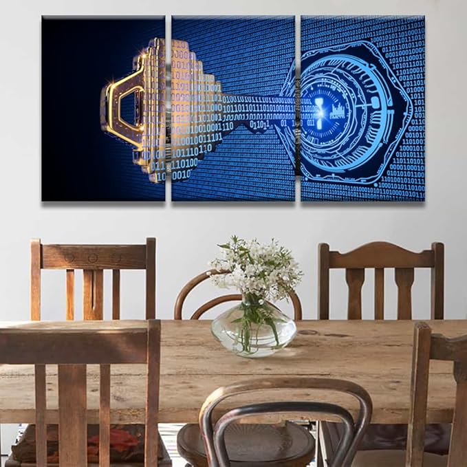Modern Wall Art for Living Room Multi Panel Wall Decor A Key Formed from Binary Code Goes Into an Abstract Lock Picture Poster Artwork Stretched Framed Gallery-Wrapped Ready to Hang, 16x24inchx3
