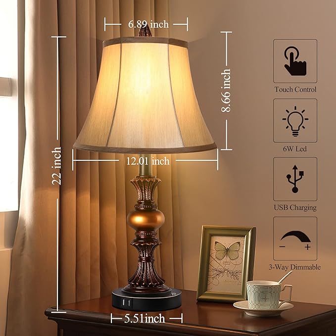 Touch Control Traditional Table Lamp Set of 2, Vintage Bedside Lamps with Dual USB Charging Ports, 3-Way Dimmable Bronze Finish Desk Lamps with Bell Shape Faux Silk Shade for Living Room, Bedroom