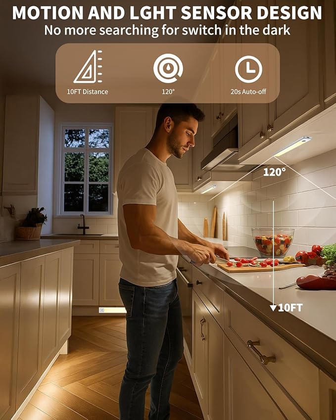 Under Cabinet Lighting 12 inch Rechargeable Battery Operated Motion Sensor Light Wireless Under Counter Lights for Kitchen, Stairs,Hallway (3 Pack)