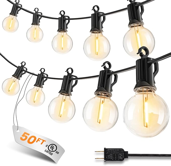 Outdoor String Patio Lights, 50FT 25 LED Patio Lights Waterproof, Connectable Shatterproof Hanging Outside String Light for Backyard, Porch, Deck, Balcony, Garden, House Decor, 2200K