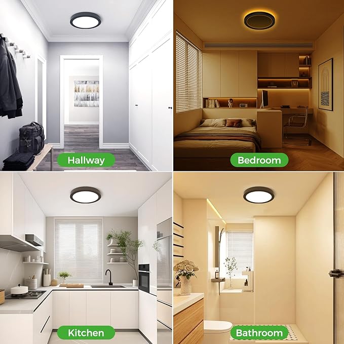 zemty 7 Inch LED Ceiling Light with Night Light 1800K, 2 Pack 3000K/4000K/6500K Dimmable Light Fixtures with Remote Control,12W 1200lm Flush Mount Ceiling Lamp for Bedroom Bathroom Kitchen-Black