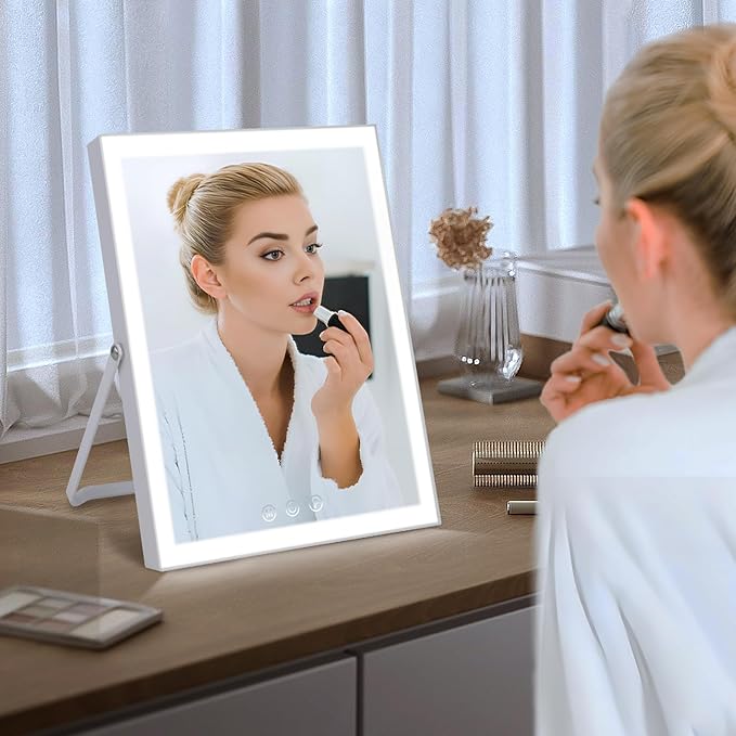 Vanity Mirror with Lights,10"x12" Lighted Makeup Mirror with 3 Color Modes & Dimmable, 360° Rotation Desk Mirror, Dual Power Supply, Smart Touch Control with Settings Memory (White)