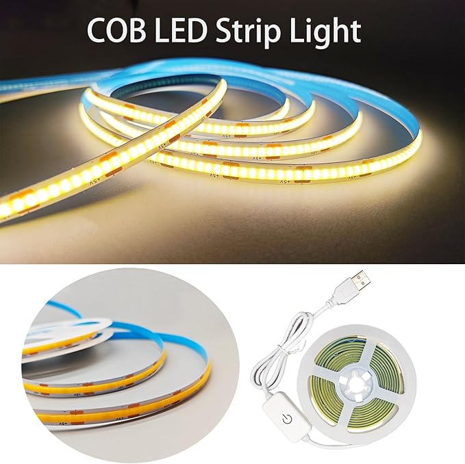 A 5V USB LED Light Strip, COB LED Strip Lights, Warm 5V LED Lights, Small LED Strip Light, TV Lights for TV Under Cabinet Kitchen Living Room Shelving or Displays (Warm 6.56ft)