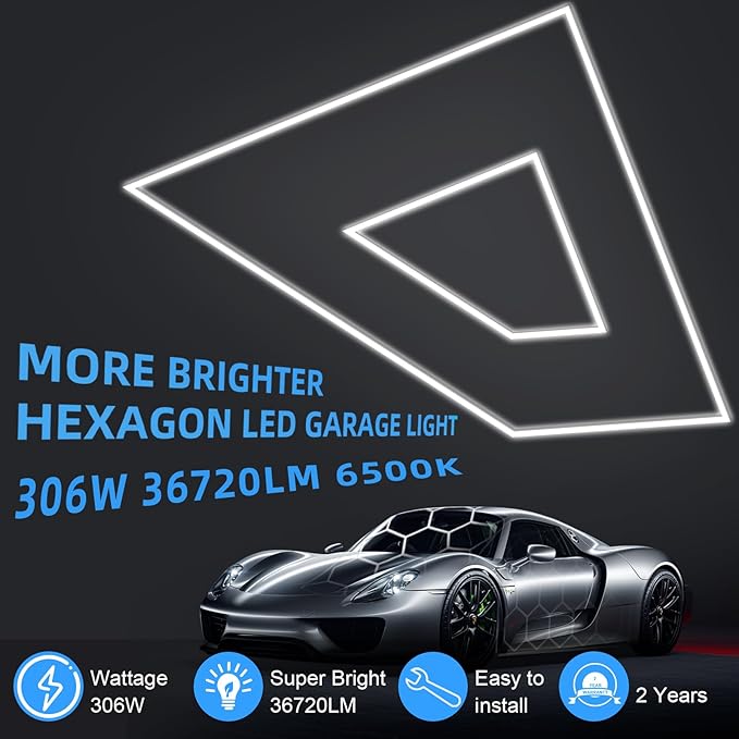 MODERN Hexagon LED Garage Light: 36720 Lumens Hexagon Garage Led Ceiling Light with 2 Rectangular Borders 6500K for Garage, Auto Beauty Shop, Car Detailing Shop etc.
