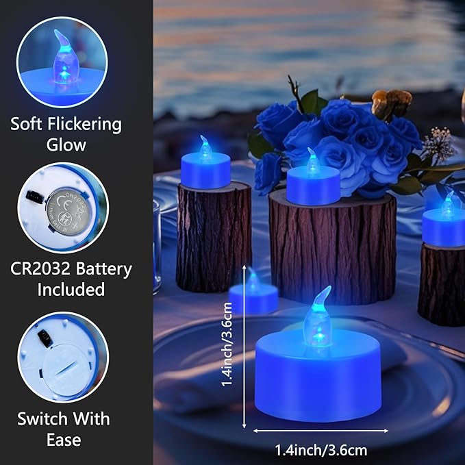 Tea Lights Battery Operated Candles LED Tea Lights Flameless Candles 200+ Hours Flickering Fake Tealights for Sweetest Day Wedding Home Decorations Party (Blue Base, 24 Pack)
