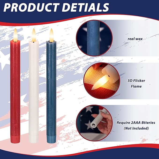 Patriotic Flameless Candles with Remote and Timer, Real Wax Red White and Blue Candles for 4th of July Decorations, Battery Operated Candles for Independence Day Celebrations, 3Pack