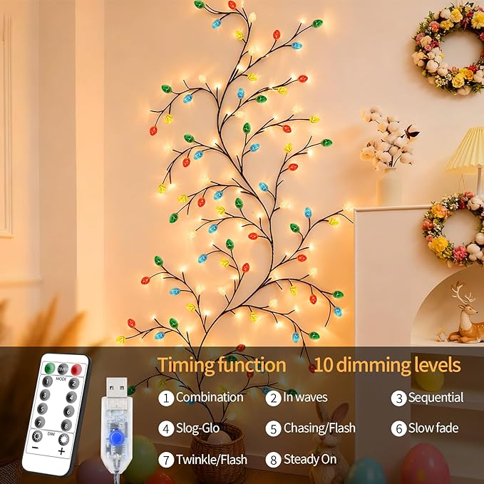 Easter Egg Enchanted Willow Vine Lights, 7.55FT 144LED 4 Color Easter Egg Tree Branch Lights for Wall, Remote Timer,8 Light Model,Bedroom Wall Doors Wedding, Christmas, USB Battery Box