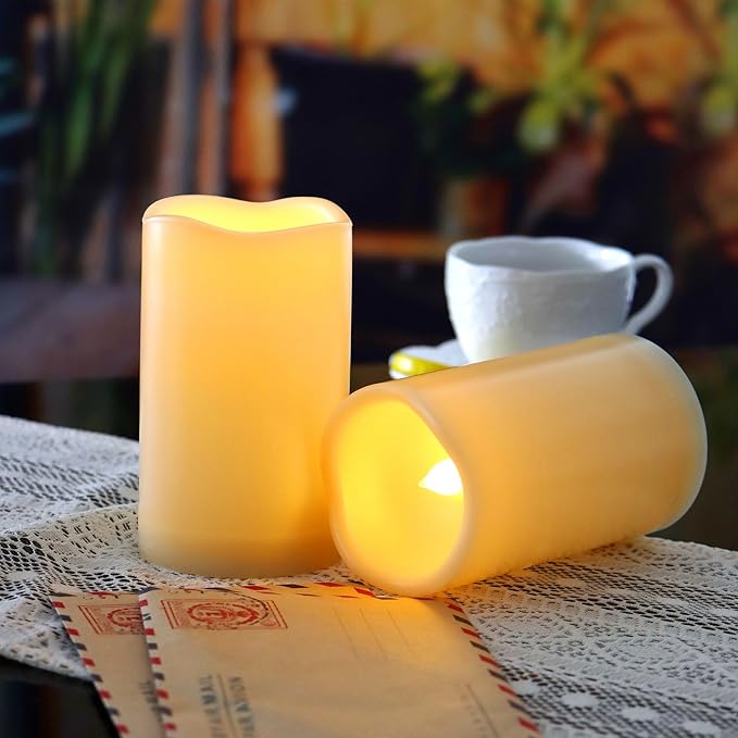 CANDLE CHOICE Waterproof Outdoor Battery Operated Flameless Candles with Remote Timer Plastic Flickering Fake Electric LED Pillars for Lantern Garden Wedding Christmas Decorations 3x5 Inches 2 PCS