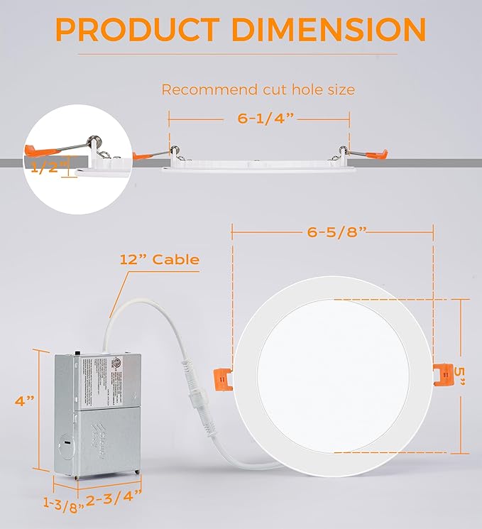 CLOUDY BAY 12 Pack 6 Inch 5CCT Ultra-Thin LED Recessed Ceiling Light with Junction Box,2700K/3000K/3500K/4000K/5000K Selectable,15W Dimmable, Canless Wafer Downlight, White,1000LM High Brightness