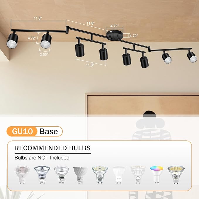 BoostArea LED 8 Light Track Lighting Kit, Black 8 Way Ceiling Spot Lighting, Flexibly Rotatable Light Head for Kitchen, Living Room, Bedroom, GU10 Bulb Not Included