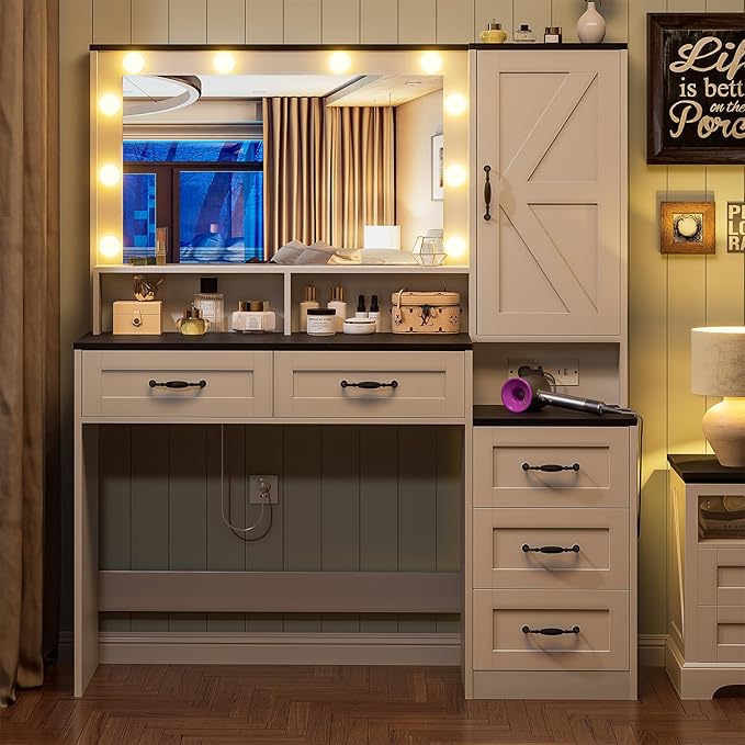 Farmhouse Vanity Desk Makeup Table with Mirror and 10 Lights, 45.3" Large Vanity Desk with Power Outlet, 5 Drawers, 1 Cabinet & 9 Jewelry Hooks, Dressing Table for Women Girls White & Black