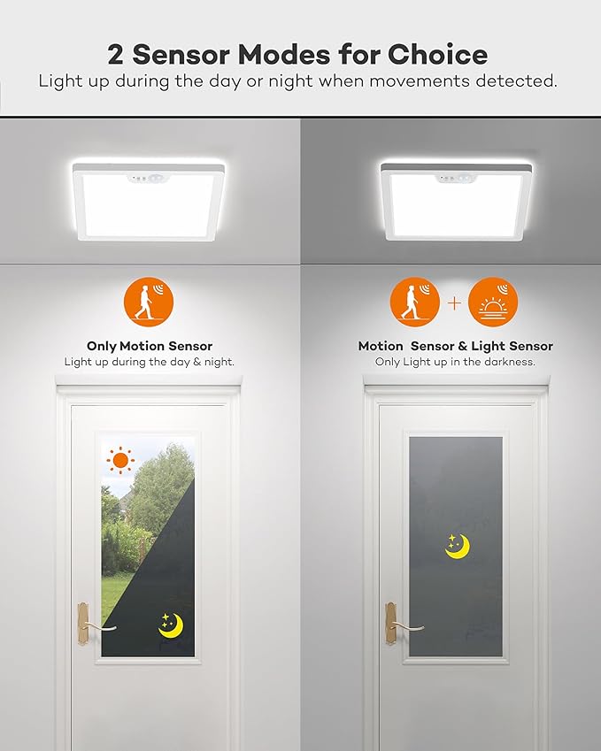 12in Motion Sensor Ceiling Light Wired, 3000K 4000K 5000K Selectable, 24W Flush Mount Square Motion Ceiling Light with 3 Timer for Closet Porch Stairs Hallway, White
