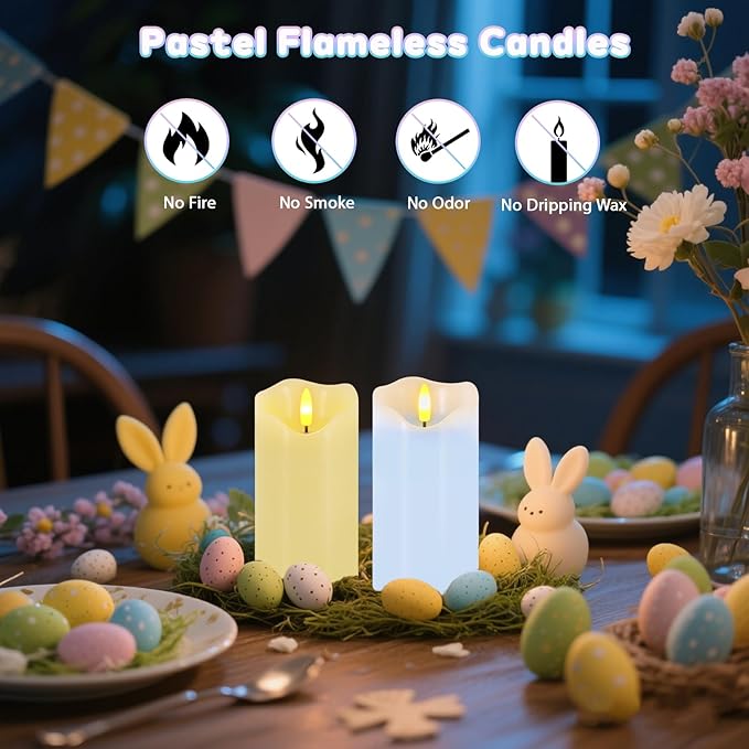 Flameless Candles Light, Set of 2 6"x3" Flickering Pastel Spring LED Candles with Remote & Timer, Dimmable Real Wax Easter Pillar Candles Battery Operated for Home Spring Easter Decor (Blue Yellow)