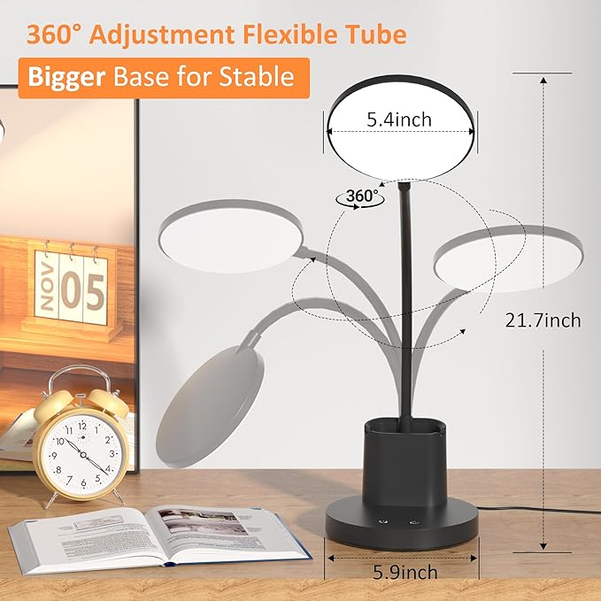 Desk Lamp, LED Desk Lamp for Home Office, Touch Table Lamp with 3 Color Modes 360° Adjustable Arm, Dimmable Desk Light with Pen Phone Holder, Black