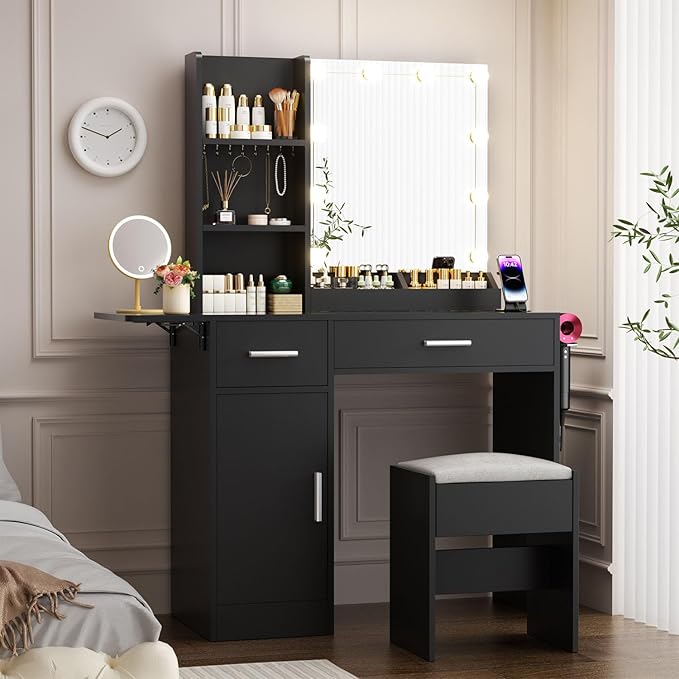 Vanity Desk with Mirror and Lights, 43.3" Makeup Desk with Stool and Power Outlet, 5 Drawers and Open Shelves Make Up Table for Bedroom, Black