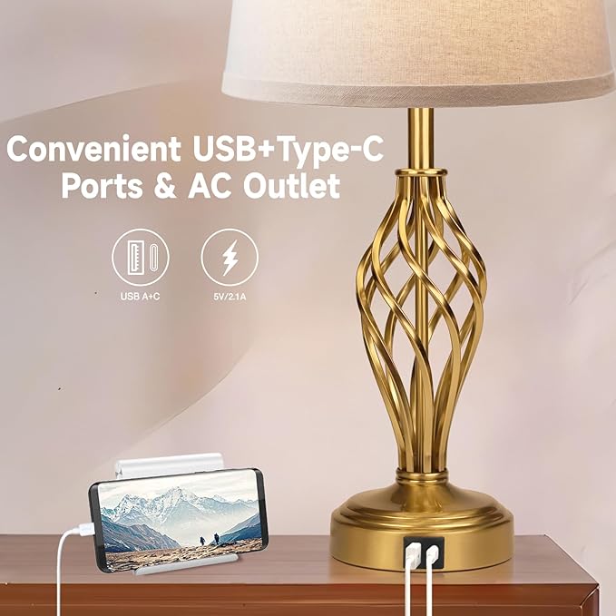 Touch Table Lamps Set of 2, nightstand lamp with USB Ports Bedside 3 Way Touch dimmer Desk lamp for Living Room Bedroom,Gold Plated Spiral cage Base Design Warm White dimmer Bulbs Included.