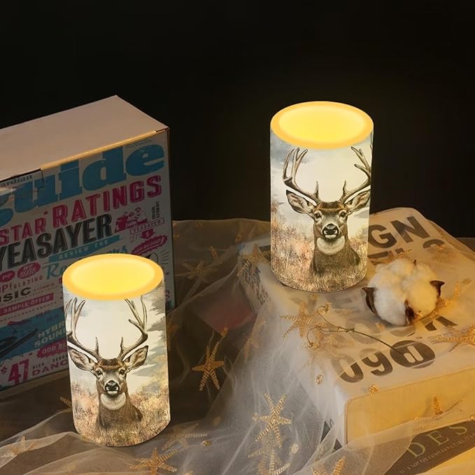 Deer Flameless Candles 2 Pack 6 x 3 inch Battery Operated Candles with Multicolor Timer Remote Control LED Fake Candles for Warm Light Dinner Table Home Decor