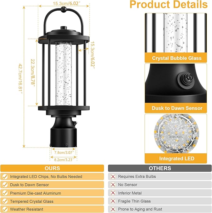 Dusk to Dawn Outdoor Post Lights, LED Waterproof Lamp Post Light Fixture with Crystal Glass, Aluminum Lamp Posts Outdoor Lighting Pole Lantern for Outside Yard Patio Pathway Garden, Hard Wired