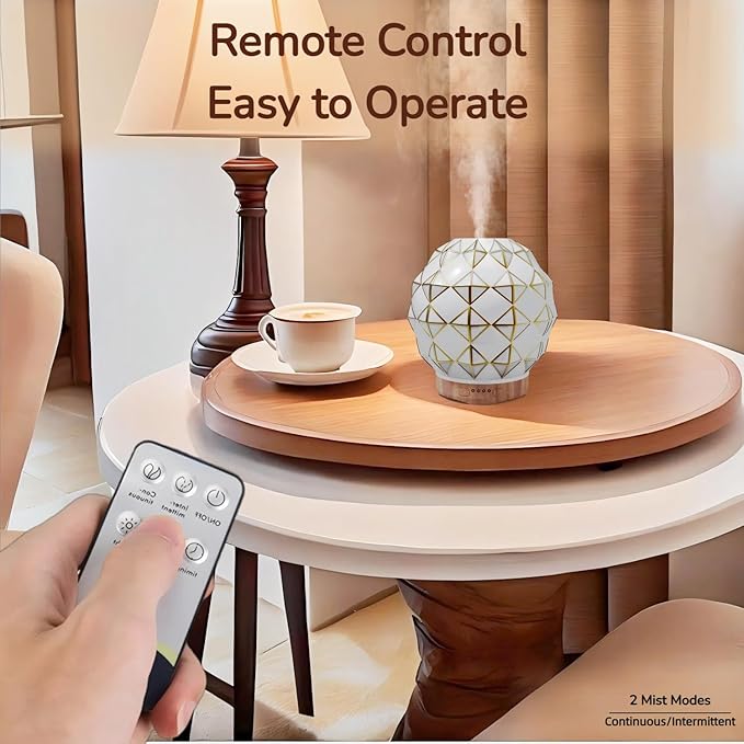 Essential Oil Diffuser, 100ML Handcrafted Glass Aromatherapy Diffuser with 7 Color LED Lights, Remote Control, Cool Mist Humidifier, Timed Mist, Auto Shut-Off (White)