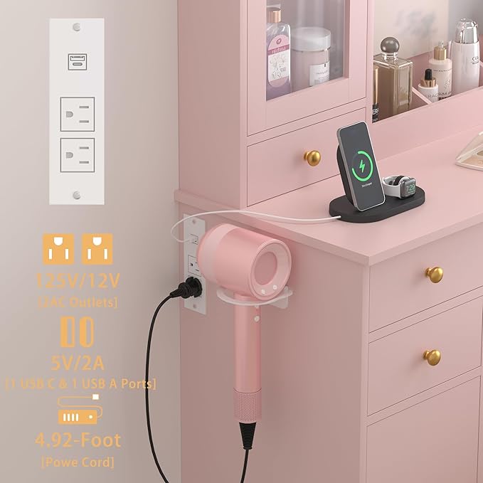 Vanity Desk with Mirror and Lights, 43" Pink Makeup Vanity Set with 5 Drawers & Glass Cabinets, Makeup Tray, Power Outlet & Adjustable LED Lights, Dressing Table for Women & Girls Bedroom