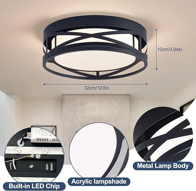 Modern LED Ceiling Light Fixture, Square LED Flush Mount Hallway Light Fixtures, Farmhouse Black Close to Ceiling Light for Hallway Bedroom Balcony Porch Stairway Ceiling Lamp (Round, 3000K)