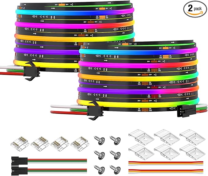 BTF-LIGHTING FCOB WS2811 IC RGB COB LED Strip DC24V 630LED/m Flexible High Density Uniform Chasing Color Light 2X16.4FT Total 32.8FT 14IC/m 10mm Width Black PCB(No Adapter or Controller)