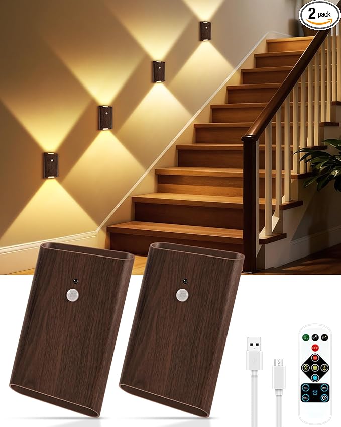 Rechargeable Motion Sensor Wall Sconce Set of 2 – 5000mAh Wireless Battery Operated Wall Light Indoor, 3 Colors Up/Down Lighting Magnetic Night Light with Remote Control for Bedroom, Hallway (Walnut)