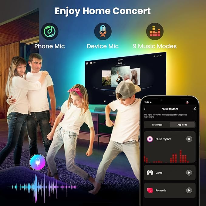 16.4ft LED Lights for 50-75 Inch TV, RGB+IC TV Lights Backlight Strip Behind, with 44 Scene Modes, Bluetooth APP and Voice Control, Music Sync Smart Ambient Lighting for Gaming, Bedroom, Living Room