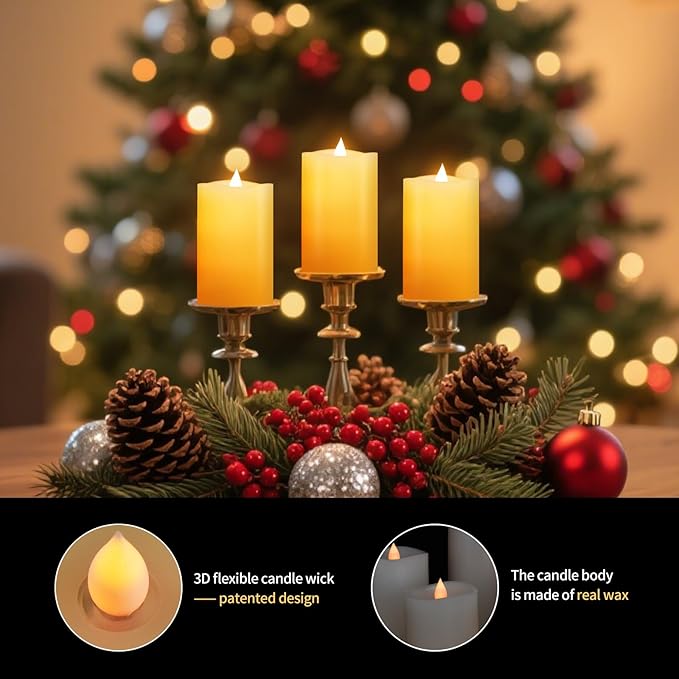 3" x 5" Flameless Candles Set of 3, 2AA Battery Life 600 Hours Battery Candles Flickering with Timer, 5 inch Flameless Candles with Remote for Indoor/Outdoor, Ivory