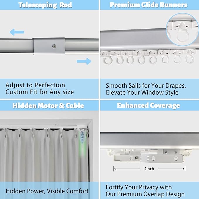 Smart Adjustable Curtains Rod System Electric Track with Remote Automated Retractable Rail Motorized Telescoping Length WiFi Motor compatible with Alexa/Google Home/APP (Width Optional)