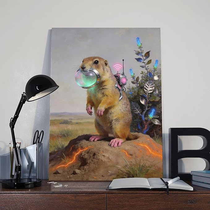 Framed Steampunk Mechanical Prairie Dog Wall Art - Retro-Futuristic Wilderness Poster for Living Room Game Room Decor 24x36inch(60x90cm)