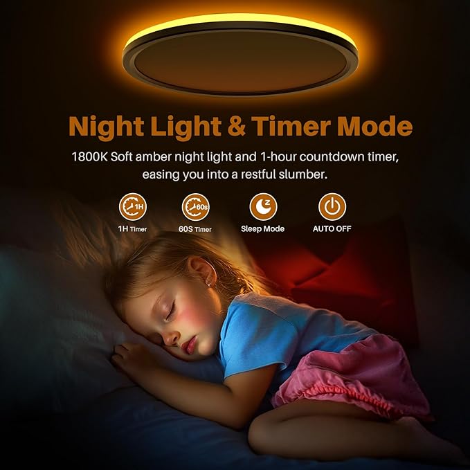 AmazeFan 12Inch LED Flush Mount Ceiling Light with Remote Control, Dimmable Night Light 1800K 3000K/4000K/6500K 24W 2400lm Low Profile Wired Ceiling Lamp for Bedroom LivingRoom Kitchen Hallway-Black