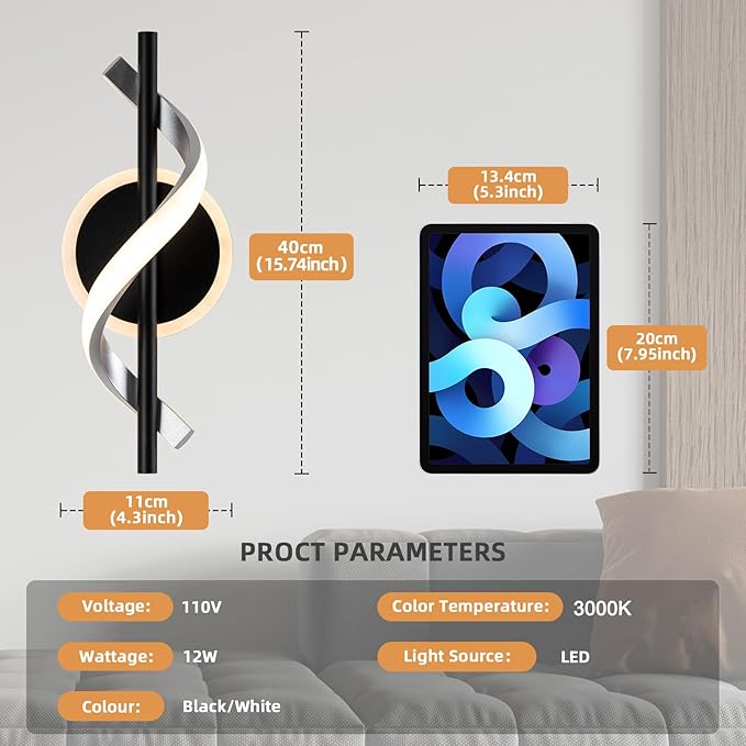 Black Wall Sconces Sets of 2, 12W Modern Spiral LED Wall Lamp, 3000K Warm White Wall Light Fixture for Stairs Living Room Bedroom Aisle Hallway