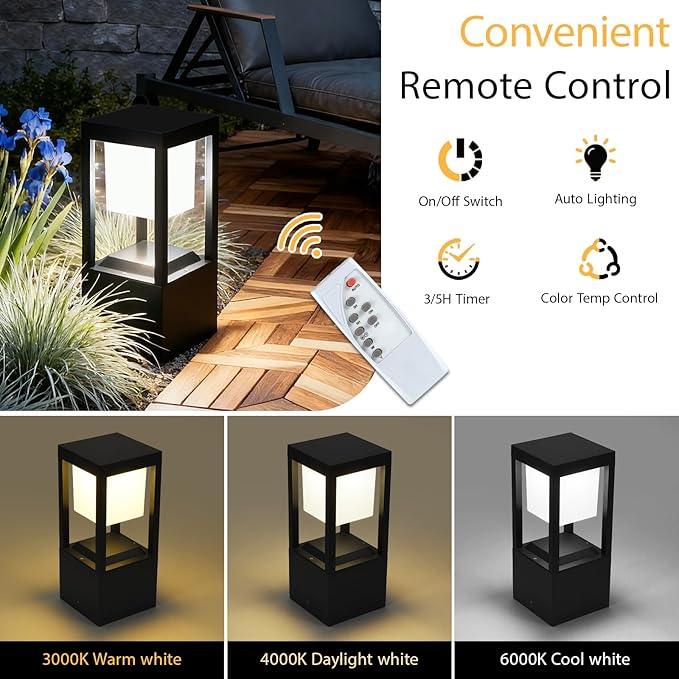 Solar Floor Lamp Outdoor Waterpoorf, Modern Die-cast Aluminum Led Lanterns for Patio Porch, Bollard Landscape Lighting for Garden Yard Walkway, Remote Control, 3CCT, Dusk to Dawn (4 Pack)