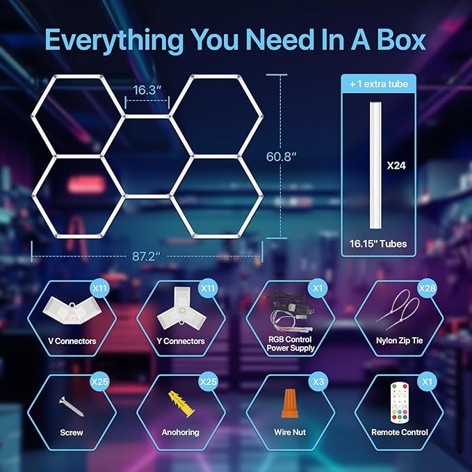 HYPERLITE Hexagon Garage Lights: 5 Grid RGB Hexagon LED Lights with Music Sync Mode, App & Remote Control, Multi-Color Honeycomb Light for Gaming Room, Gym, Garage