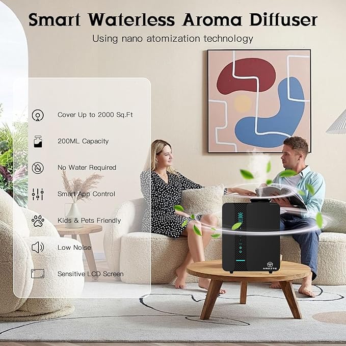 Diffusers for Home - Waterless Essential Oil Diffuser Smart LCD Touch & APP Control 2000 Sq.Ft, Home Diffuser 200ML Oil Level Monitoring for Large Room, Hotel, Office, Luxurious Metal