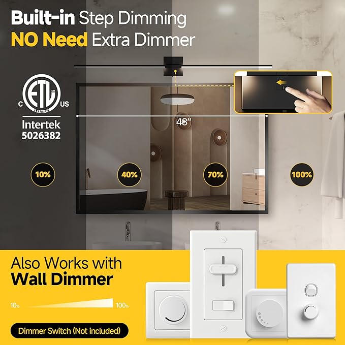 Vanity Lights 48 inch, 4-Level Brightness Built-in Dimmer, 28W Dimmable 5CCT Bathroom Light Fixtures Over Mirror, Black Vanity Lights for Bathroom Mirror Cabinets Bedroom-FCC ETL Certified