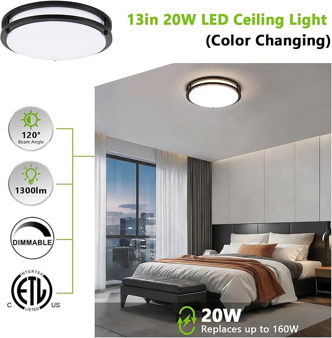 Black Flush Mount LED Ceiling Light Fixture, 13 inch 3000K/4000K/5000K Adjustable Ceiling Lights, Metal Frame Tri-Color Dimmable Lighting for Living Room Bedroom Hallway Bathroom or Kitchen