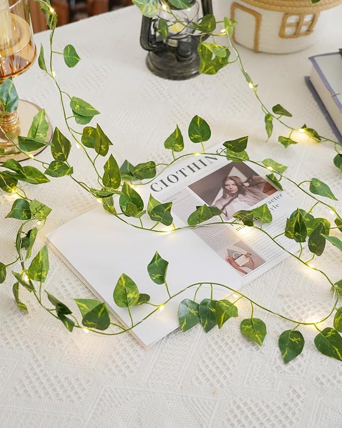 KASZOO 33ft 100 LED Vine with Fairy Lights - Pothos String Lights Battery/USB Operated, Ivy Garland with Remote, Leaf Lights for Bedroom Garden Party Wall Room Decor
