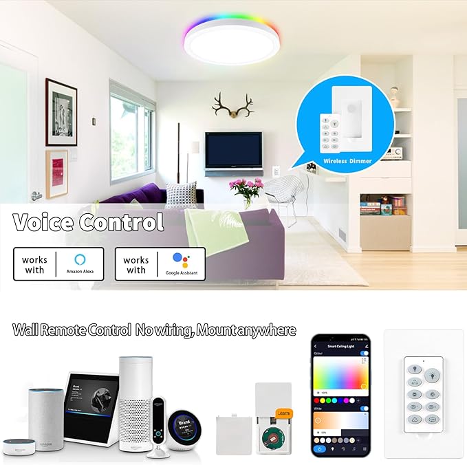 Dimmable LED Flush Mount Ceiling Light Fixture with Remote Control, Compatible with Alexa, 12Inch 18W 3000K-6500K Adjustable, LED Ceiling Light Fixture for Bedroom, Kitchen