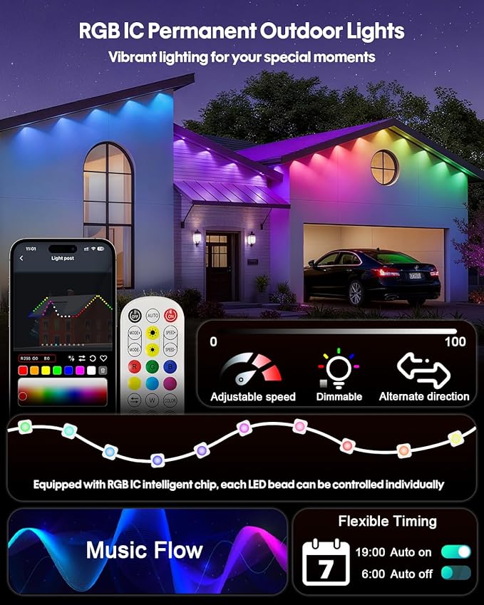 Permanent Outdoor Lights 200FT, Smart RGB+IC Eave Lights with Remote APP Control, DIY LED Color Individual, White & Colorful Christmas String Light, IP67 Waterproof for House Outside Decor