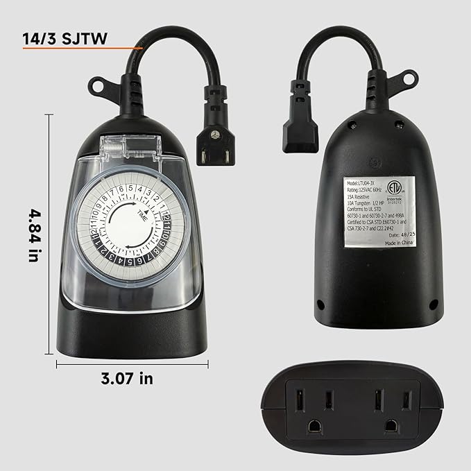 EP 24 Hour Mechanical Outdoor Timer Outlet, 6ft Outdoor Timer for Lights, Waterproof, 2 Grounded Outlets, 15A 1/2HP, Heavy Duty, ETL Listed