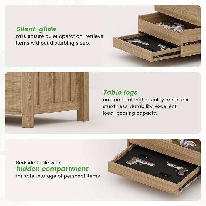HNEBC Nightstand Set of 2 with Gun Drawer, Nightstands with Hidden Compartment, Larger Wider Bedside Table with Charging Station for Bedroom Dorm, Sofa, Office,Ideal Furniture & Decor-Natural