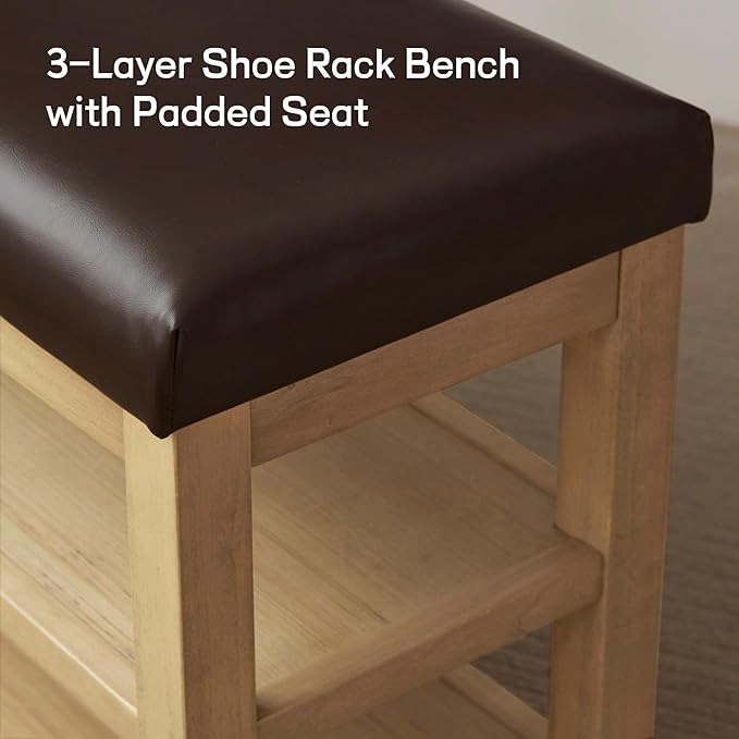 Shoe Rack Bench with Leather Cushion, 2 Tier Solid Wood Storage Bench, Mid-Century Modern Shoe Bench for Entryway, Hallway, Closet, Front Door Entrance, Foyer (Dark Brown, 39.4")