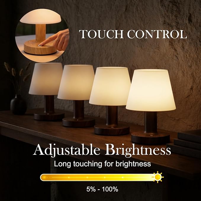 Cordless Table Lamp, Rechargeable Table Lamp, Waterproof Shower Lamp, 5200mAh Small Table Lamps, 3-Color Dimmable Touch Light, Portable Outdoor and indoor table lamp, Bedside night light (Dark Wood)