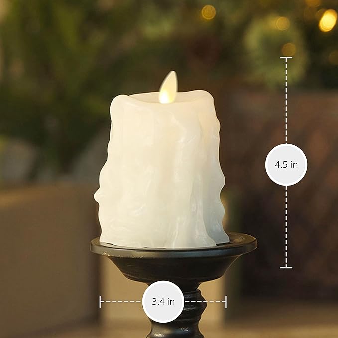 Luminara Heavy Wax Drip Flameless LED Candle, White 3.4" x 4.5", Timer Function, Real Wax Pillar, Battery Operated Unscented Safe, Long-Lasting
